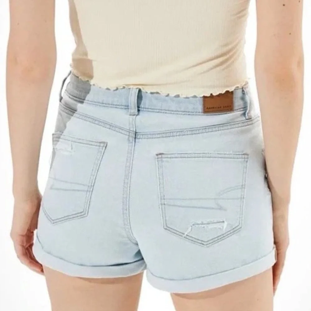 American Eagle Mom Short Distressed Destroyed Stretch High Rise Light Blue 8